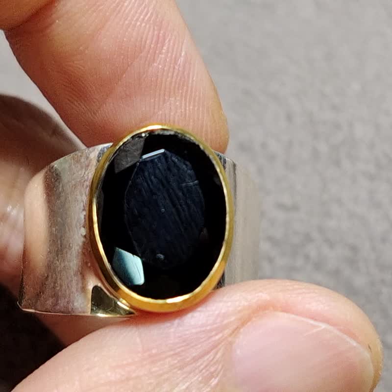 天然 黑瑪瑙 925純銀 戒指 尼泊爾 手工製 - 戒指 - 玉石 黑色
