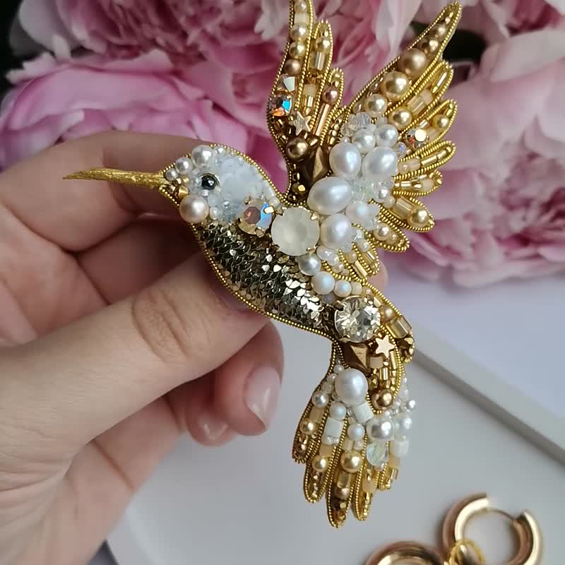 蜂鳥 別針,  hummingbird jewelry brooch beaded - Brooches - Pearl Gold