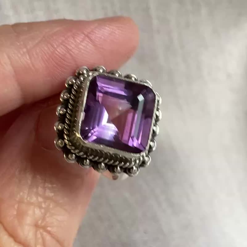 天然 切面紫水晶 戒指 尼泊爾 手工製 925純銀 - 戒指 - 水晶 紫色
