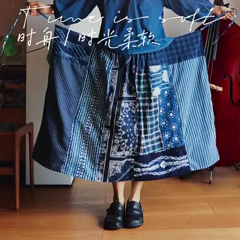 N種變化的繫繩長裙 限量半身裙 藍染棉麻面料手工拼布 - 裙子/長裙 - 棉．麻 藍色