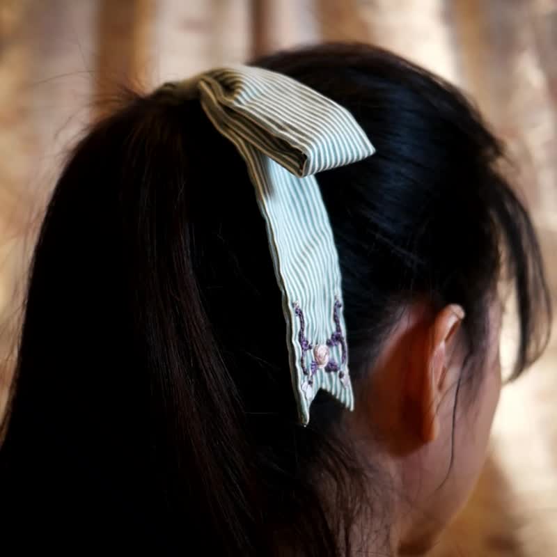 Majestic Garden Hand Embroidered Bow - Huckleberry - Hair Accessories - Thread Blue