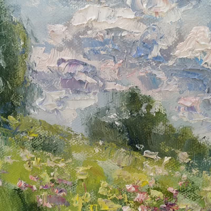 Clouds Painting Field Artwork Nature Landscape Original Art Impressionism - 海報/掛畫/掛布 - 其他材質 多色