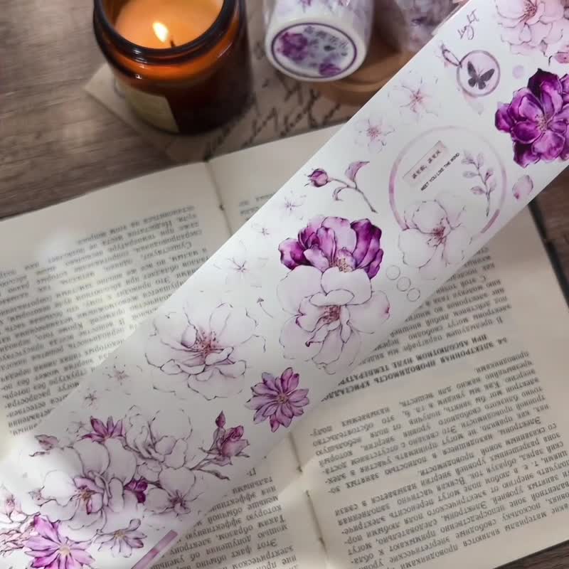 Rose Flower Gift Vintage White Purple Rose Large Flower PET Washi Tape - Washi Tape - Other Materials Multicolor