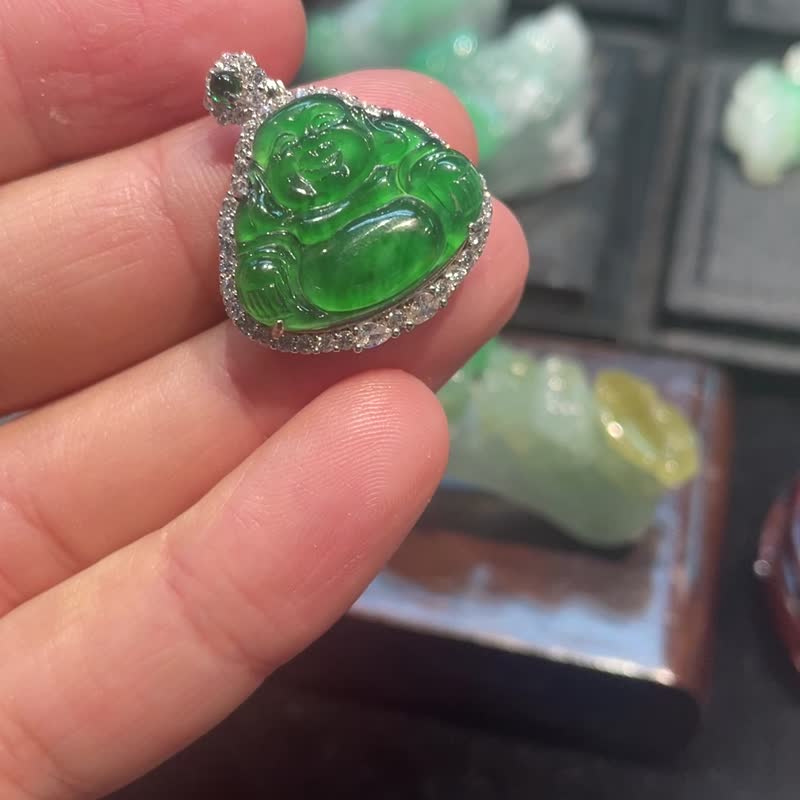 Hanyu Jewelry Natural Ice Full of Green Jade - Maitreya Buddha. Lord Buddha. Ice Green Jade. Melon Material. Silver Inlaid - อื่นๆ - หยก 