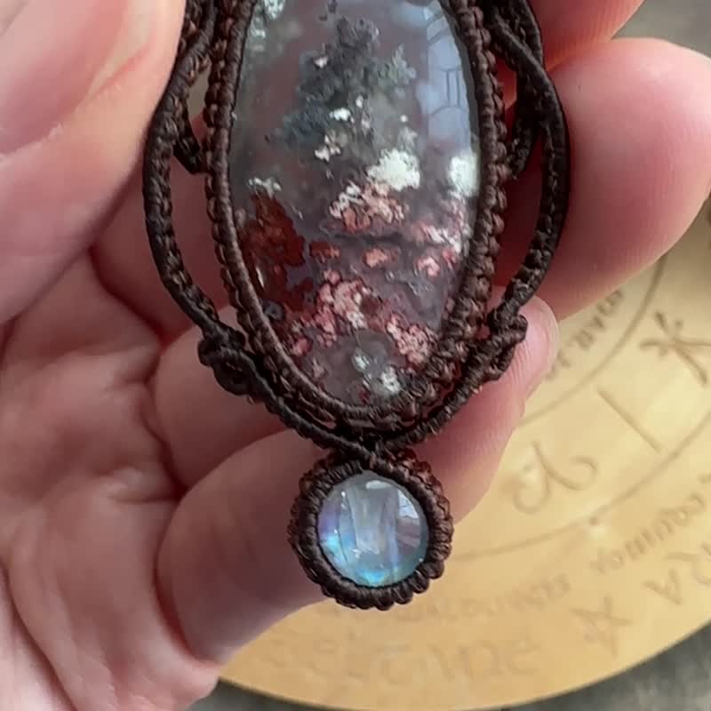 N930 民族風 蠟線編織 水草瑪瑙 月亮石 銀珠 頸鏈 (可調長度) - 項鍊 - 寶石 咖啡色