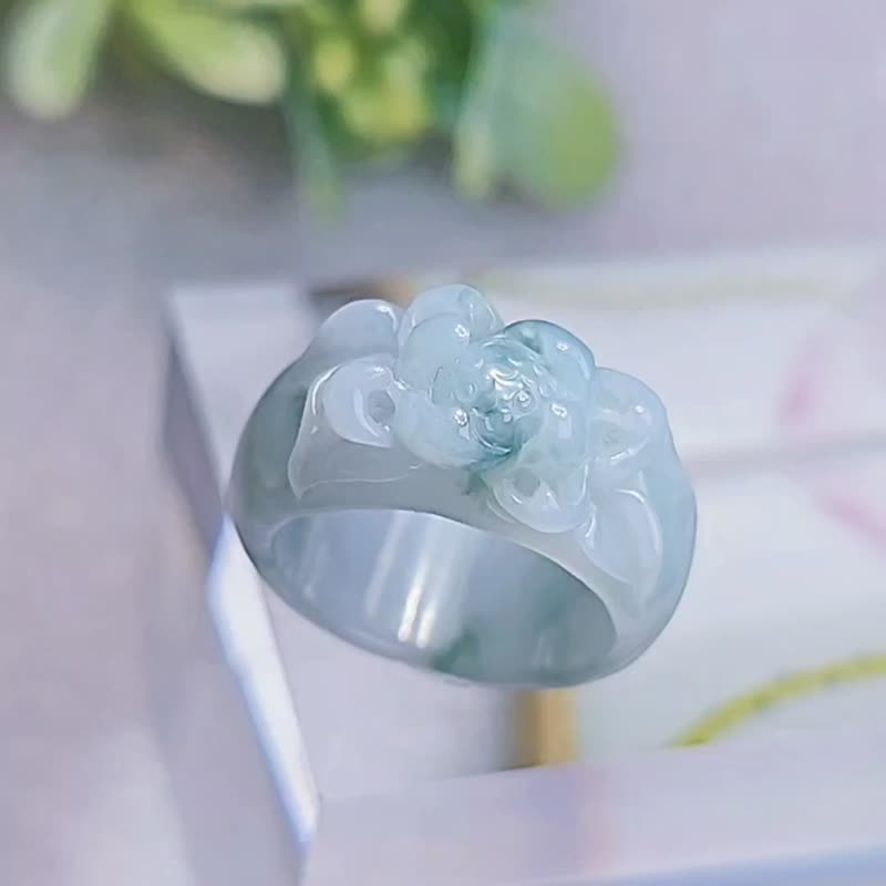 招財|立體細糯冰藍蓮花寬版戒圈|緬甸A貨翡翠戒指#12 - 戒指 - 玉石 