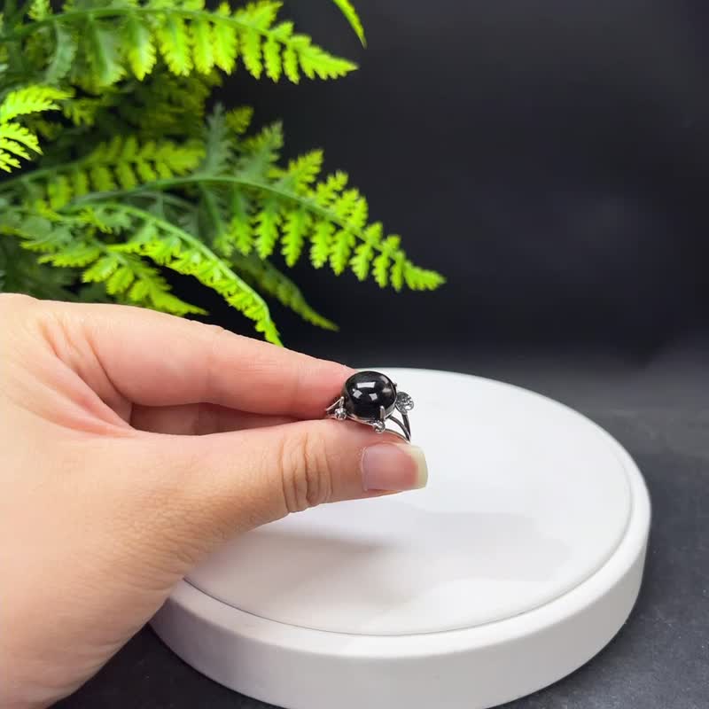 Egyptian gold luck stone living mouth ring round S925 Silver handmade natural stone shining and smart - General Rings - Semi-Precious Stones Black