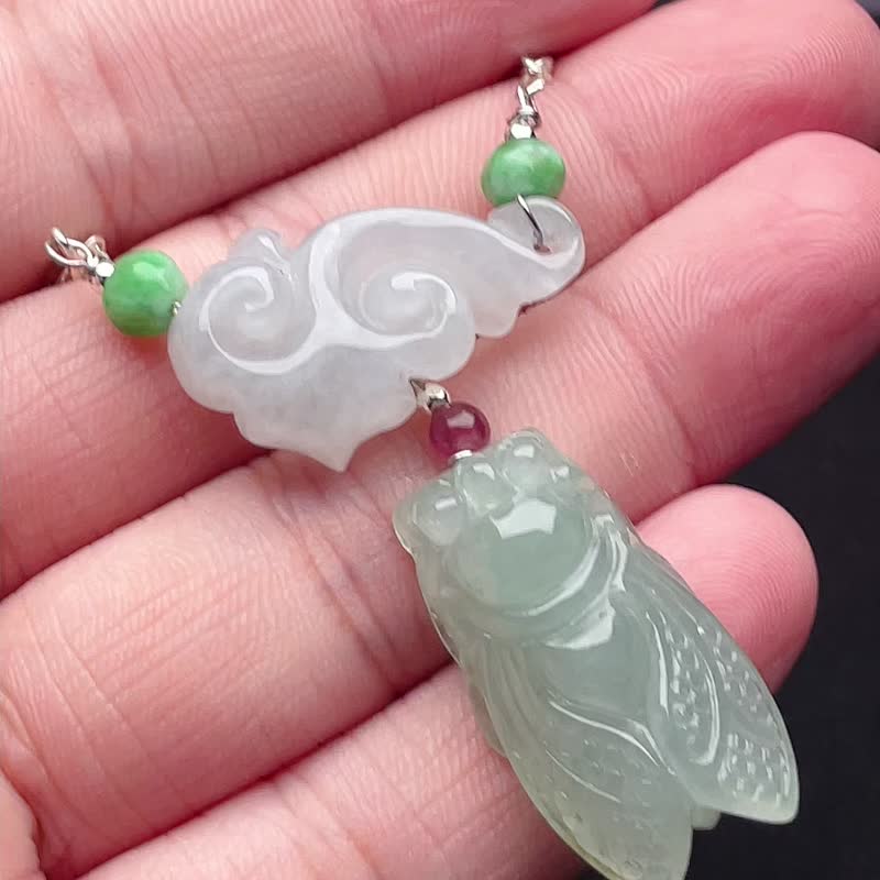 Ice green jade cicada Ruyi 925 sterling silver necklace | Natural Burmese jade jade A goods - สร้อยคอ - หยก สีเขียว