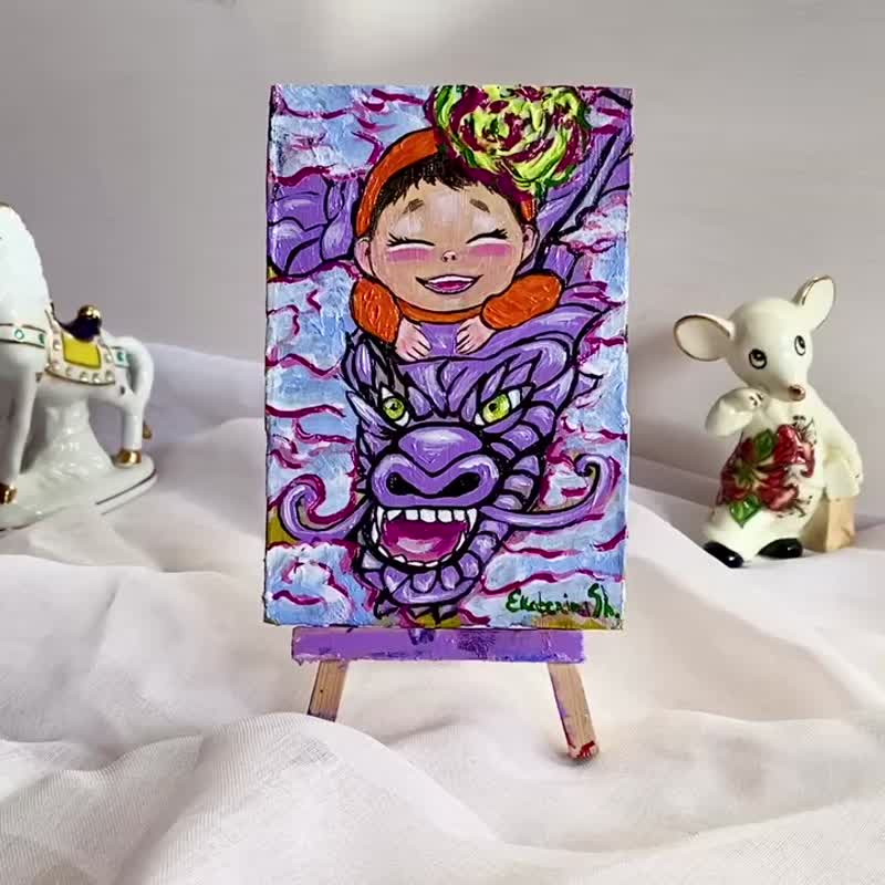 Buddhism art. Small Buddha girl on dragon. Purple acrylic painting. - Wall Décor - Acrylic Purple