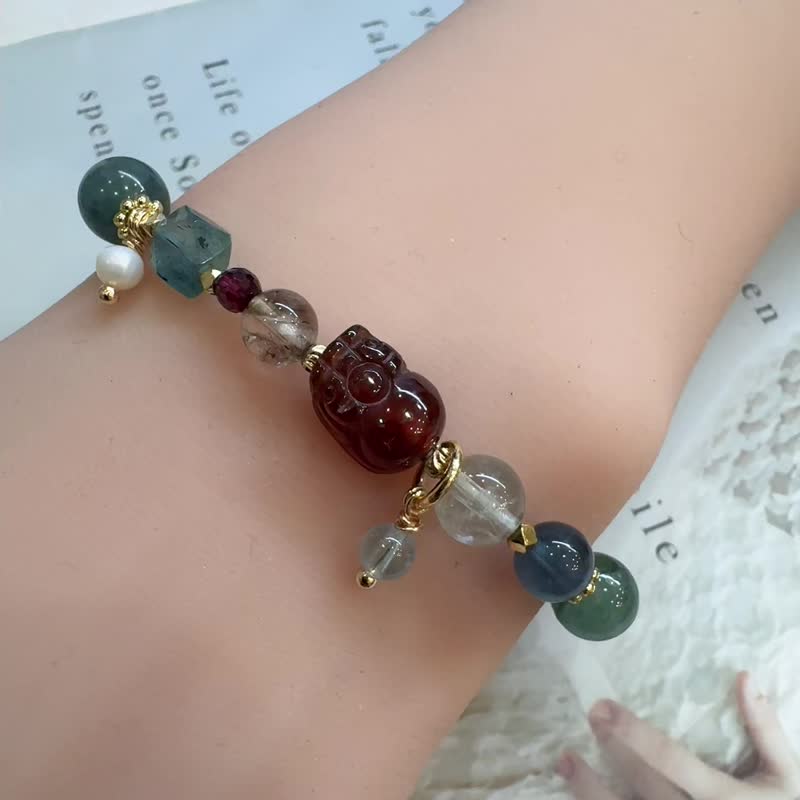 高品藍綠晶設計款 紅石榴石貔貅 高品滿礦煙花紅銅鈦 全身心平衡 - 手鍊/手環 - 半寶石 