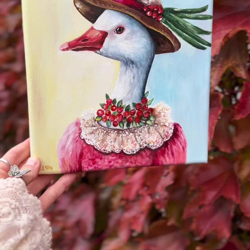 ガチョウの油絵 自作 額縁付き