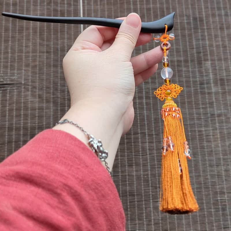 Zootee pig's trotter handmade crystal tassel hairpin Hanfu hairpin headdress Zhu Tong gold - Hair Accessories - Crystal Orange