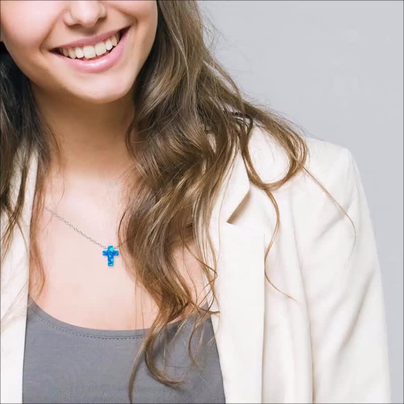 Silver Cross Clavicle Necklace Platinum-Clad Opal Pendant Thin Chain Gift Wrap - Collar Necklaces - Sterling Silver Blue