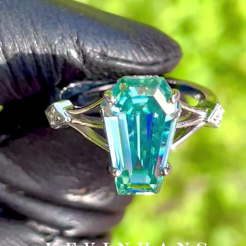 鑽石 戒指 多色 - Coffin Cut Moissanite Diamond Ring, Coffin Cut Halo Engagement Ring,Solitaire