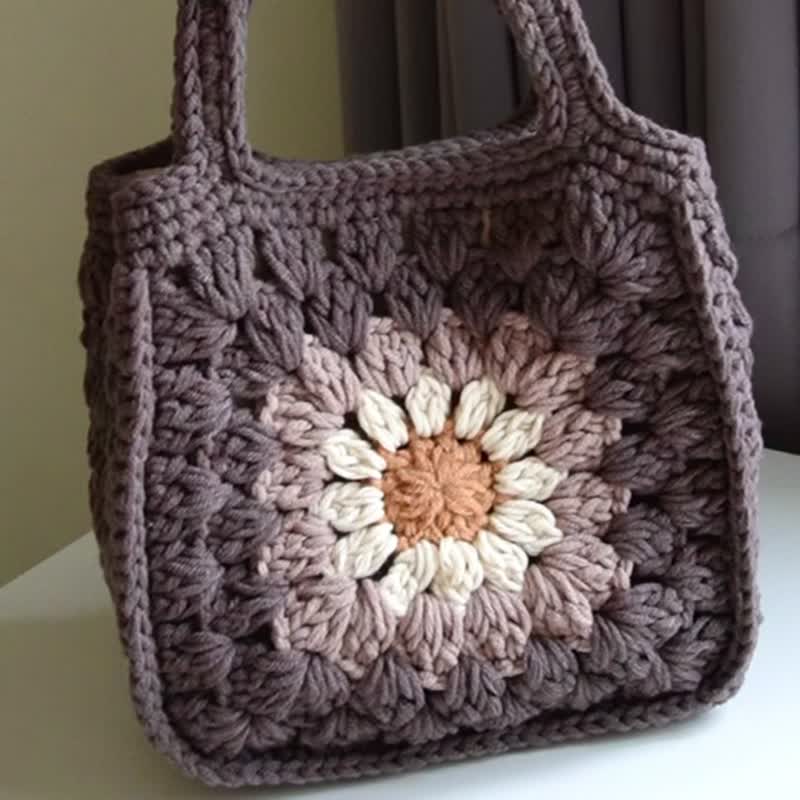 Daisy handbag (Brown) woven crocheted bag with inner lining and magnetic buckle can be customized in color - Handbags & Totes - Cotton & Hemp Brown