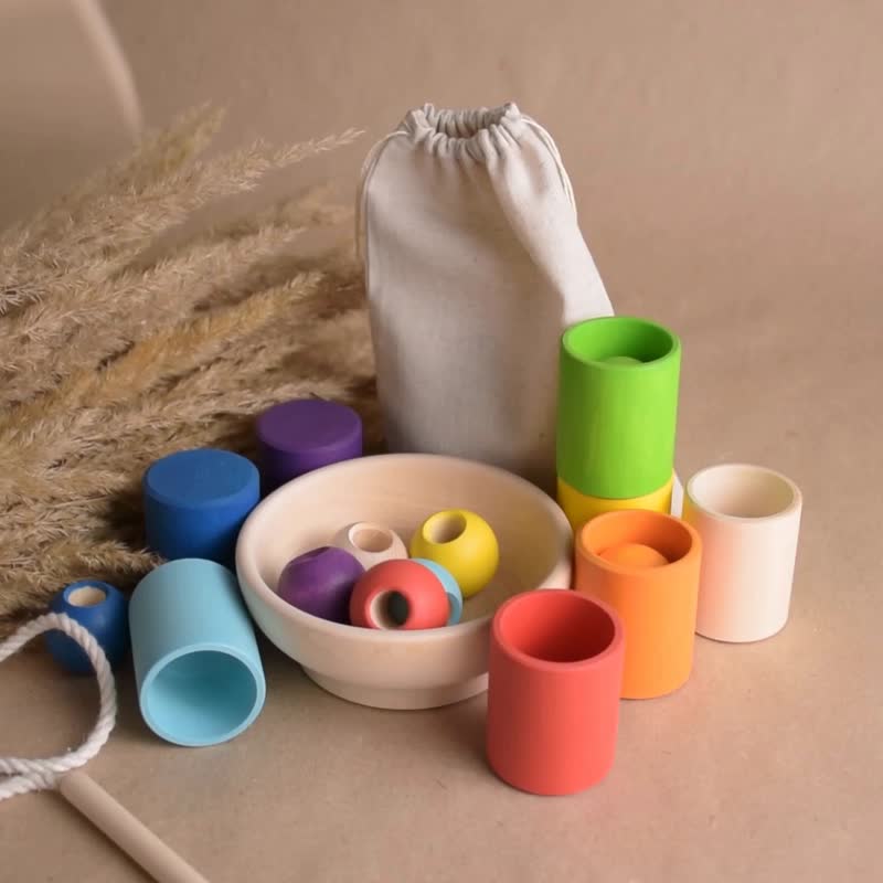 Wooden Montessori Color Sorter Rainbow Toy Cups and Rainbow Lacing Balls - 寶寶/兒童玩具/玩偶 - 木頭 多色