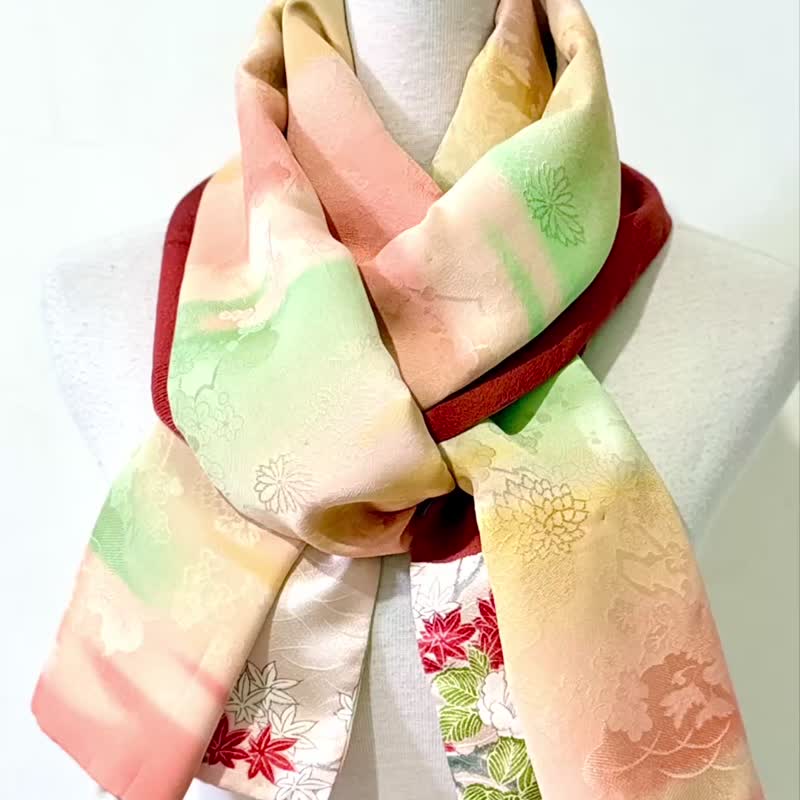 手染めグラデーション パウダーオレンジ・イエロー・グリーン 和風クラシック 雲模様 シルク切り替え 花柄ストール・ショール - マフラー・ストール - シルク・絹 多色