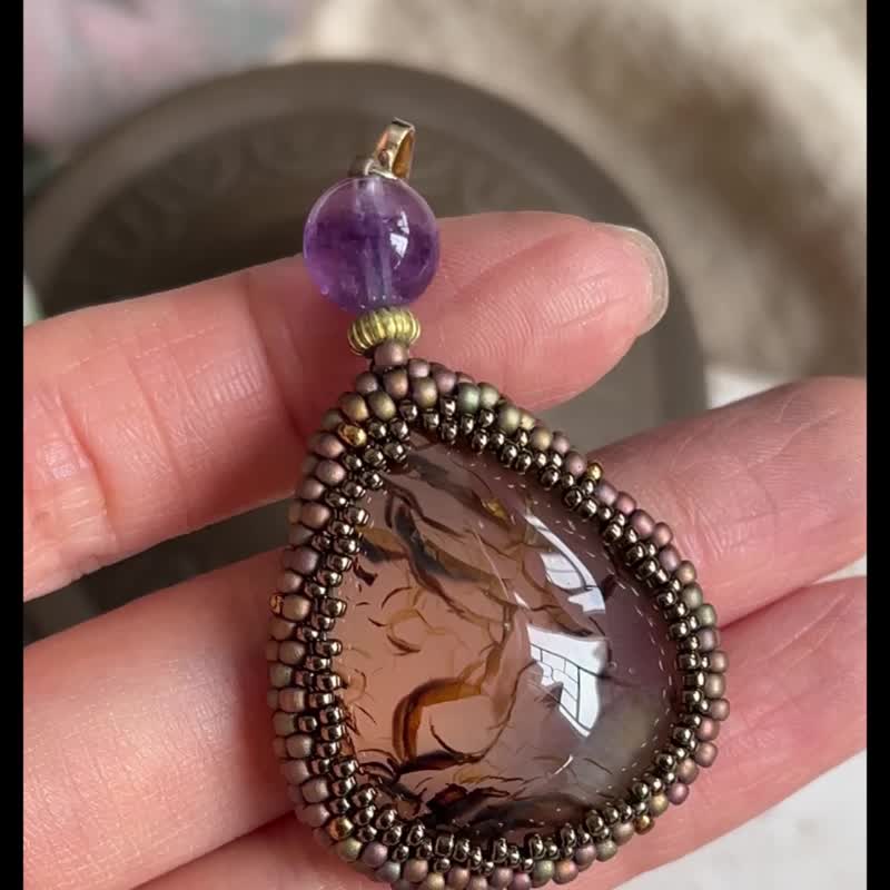 アゲート×フローライト ビーズペンダント ジェムストーンチェーン付き - ネックレス - クリスタル カーキ