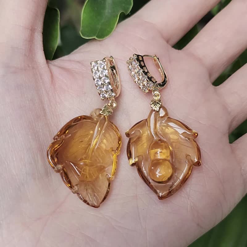 頂級 黃水晶 元寶 葫蘆 葉葉致富 招財 不對稱設計 耳環 僅此一件 - 耳環/耳夾/耳骨夾 - 寶石 金色