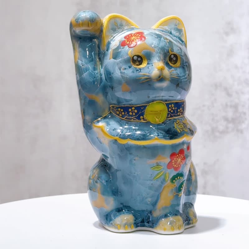 【億福萌貓】日本清水燒招財貓 | 花結晶 灰青 休花 億万両 - 擺飾/家飾品 - 瓷 藍色