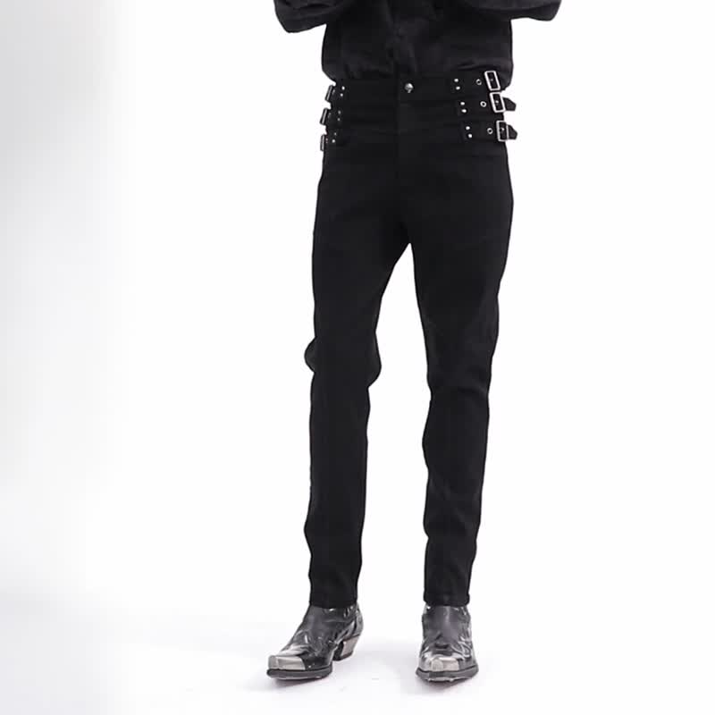 龐克拓荒者斜紋彈性牛仔褲 - 男長褲/休閒褲 - 其他材質 黑色
