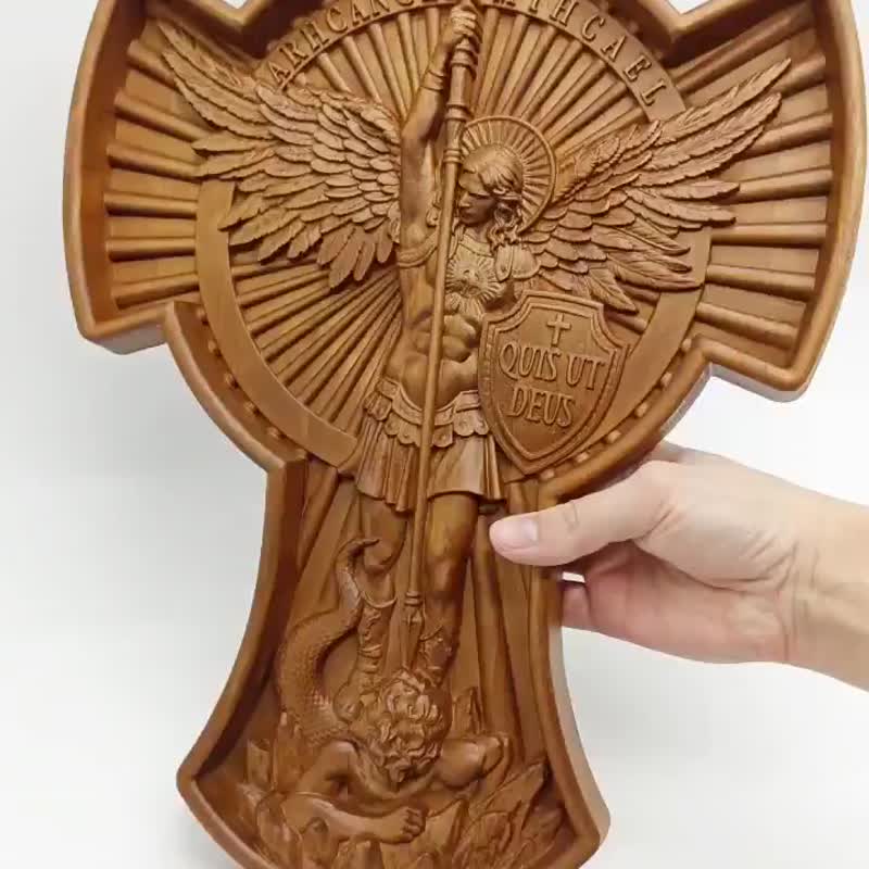 Archangel Michael wooden cross 30*21 cm, Wall Crucifix, Catholic cross Wood - 木工/竹藝/紙雕 - 木頭 咖啡色