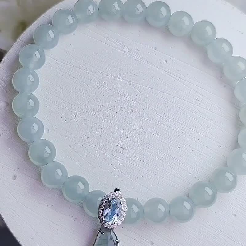 |Mount of money|Myanmar Jade Ice Sky Blue Beads Ice Glass Blue Moon Sterling Silver Pendant Bracelet - สร้อยข้อมือ - หยก 