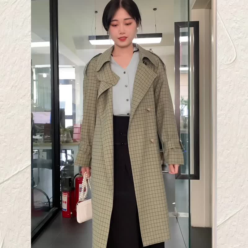 複古收腰綠格子英倫風中長款風衣 - 女西裝外套 - 其他材質 綠色