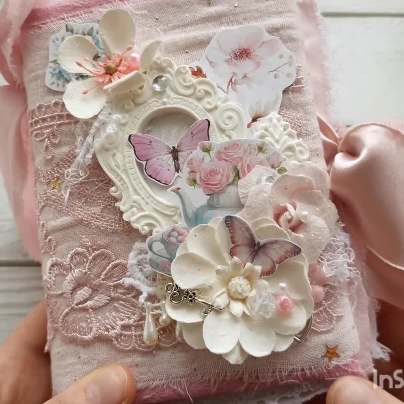 Rose garden tea time junk journal handmade blank Lace flowers tea pot notebook - 筆記本/手帳 - 紙 粉紅色