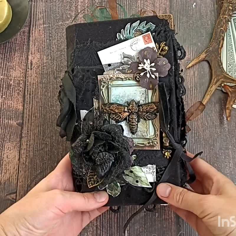 Black moth journal handmade Dark green notebook Garden botanical death head moth - 筆記本/手帳 - 紙 黑色