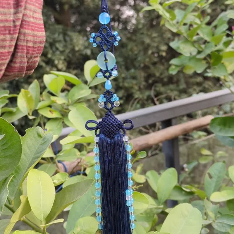 生日禮物中式古典吊墜掛飾吊飾水晶瑪瑙玉髓平安扣鳳歸云流蘇穗子 - 吊飾/掛飾 - 水晶 藍色