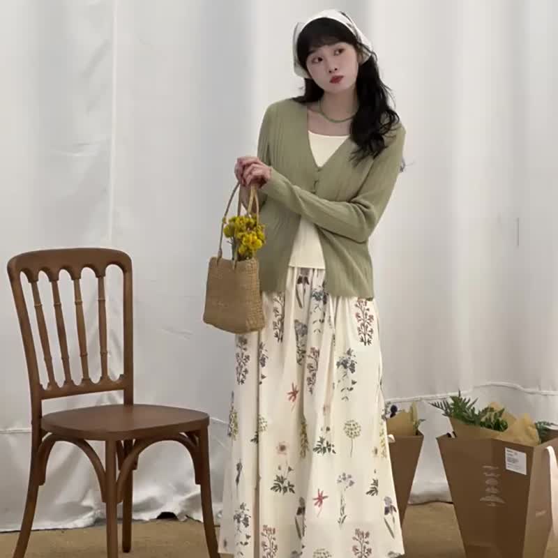 灰綠色 假兩件V領針織衫 坑條顯瘦修身針織上衣 - 女上衣/長袖上衣 - 其他人造纖維 綠色