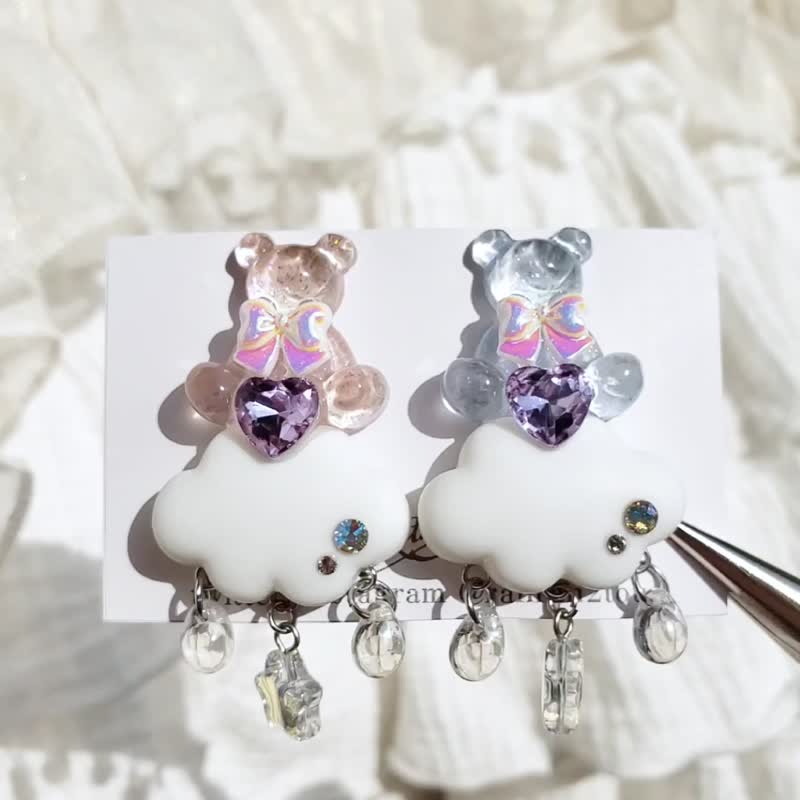 Clip-On earrings twin bears - ต่างหู - เรซิน สึชมพู