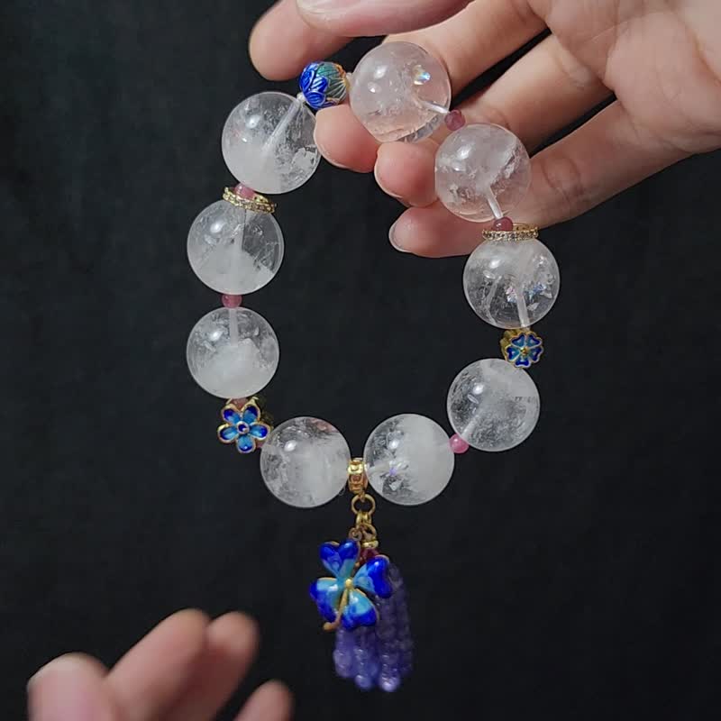 稀有白千層幽靈金字塔水晶 彩虹光 碧璽 丹泉石 手鍊 單品 禮物 - 手鍊/手環 - 寶石 紫色