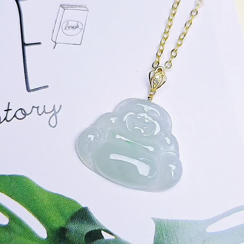 Lucky Buddha | 18k gold ice clear green Buddha Buddha | Burmese jadeite waxy ice clear Buddha Buddha 18mm18k real diamond pendant - Necklaces - Jade 