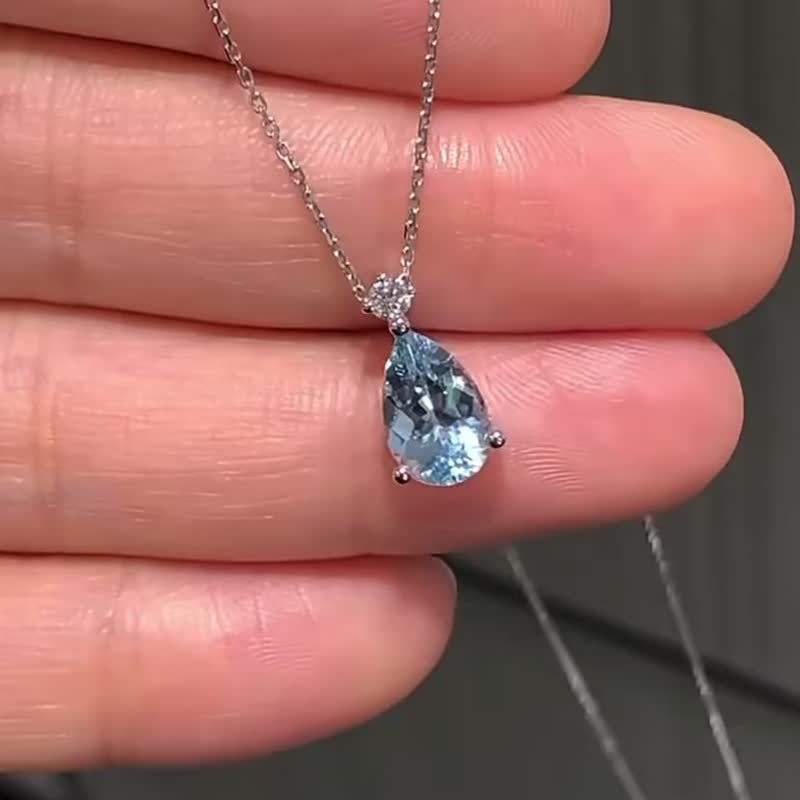 海洋中的一滴水聖瑪麗海藍寶1.49ct培育鑽石墜項鍊18k金 - 項鍊 - 寶石 藍色