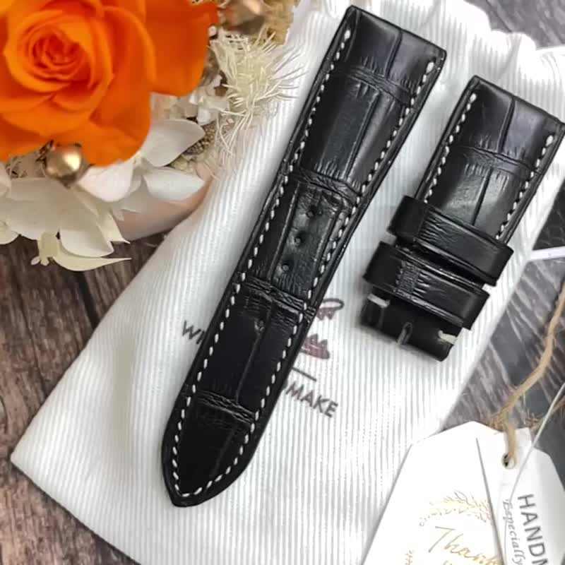 Panerai 款手工訂製名錶用頂級鱷魚皮錶帶 - 錶帶 - 真皮 黑色