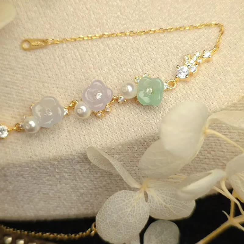 招財•貴人•好運|夢幻三彩冰膠桂花|緬甸A貨翡翠純銀珍珠手鏈 - 手鍊/手環 - 玉石 多色