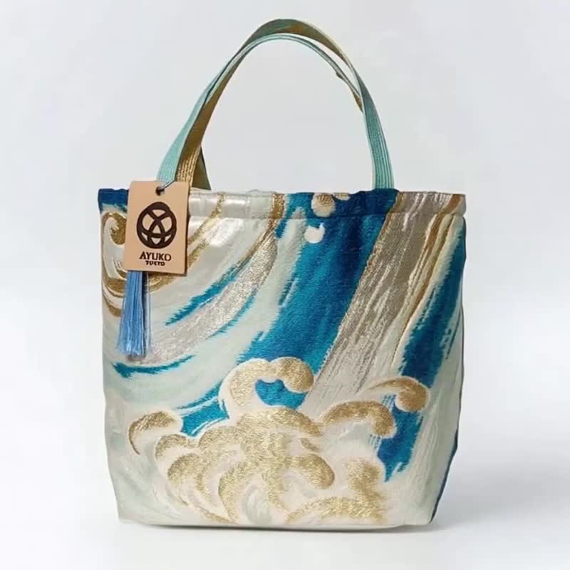 獨一無二真絲和服袋帶托特包, 日本手工刺繡升級改造包, 和風藝術 - 手提包/手提袋 - 絲．絹 藍色