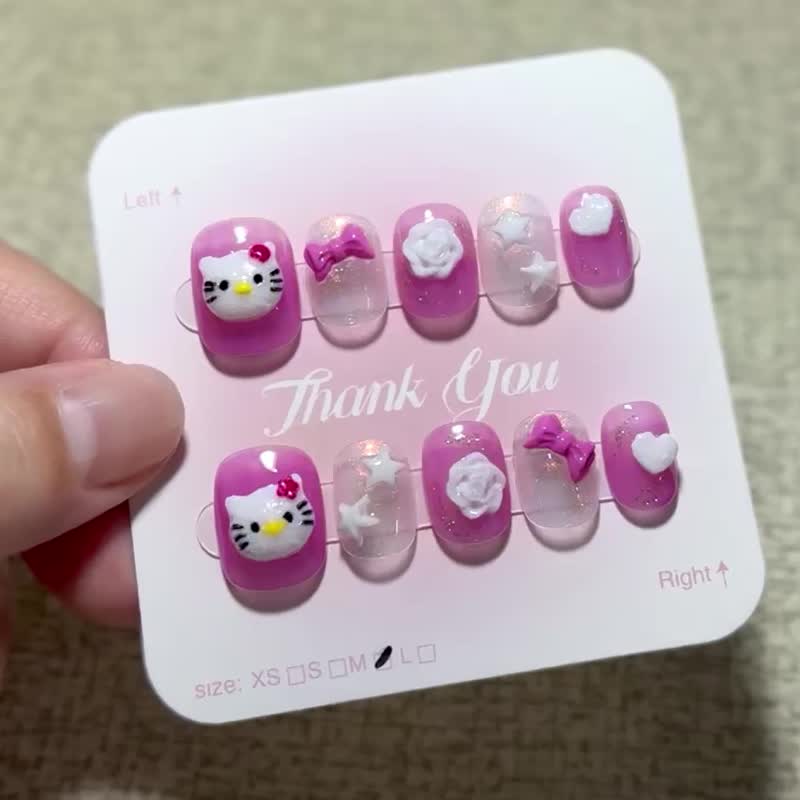 100%純手工訂製穿戴甲甲片~kitty貓立體捏捏款~S/M/L - 指甲油/指甲貼 - 塑膠 粉紅色