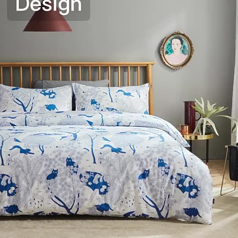 Blue printed cat pillowcase + duvet cover two-piece single double original hand-painted cat 40 cotton bed bag sold separately - เครื่องนอน - ผ้าฝ้าย/ผ้าลินิน ขาว