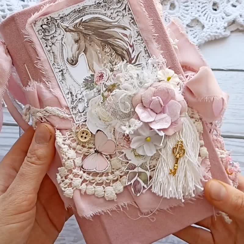 French junk journal handmade Cottage Life dairy Lace horse roses journal Elegant - Notebooks & Journals - Paper Pink