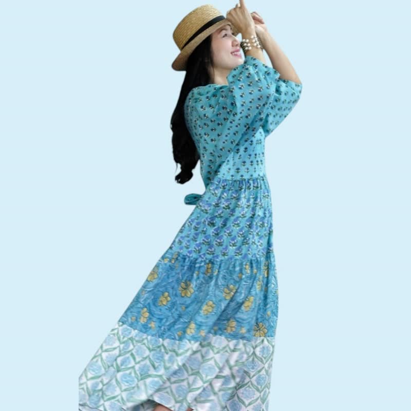 Vanita Dress เดรสยาวผ้า block print india ต่อลาย (สีฟ้า) - ชุดเดรส - ผ้าฝ้าย/ผ้าลินิน สีน้ำเงิน