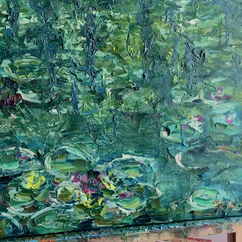 Reflections in Bloom – Monet-Inspired Original Oil Painting - 壁貼/牆壁裝飾 - 亞麻 