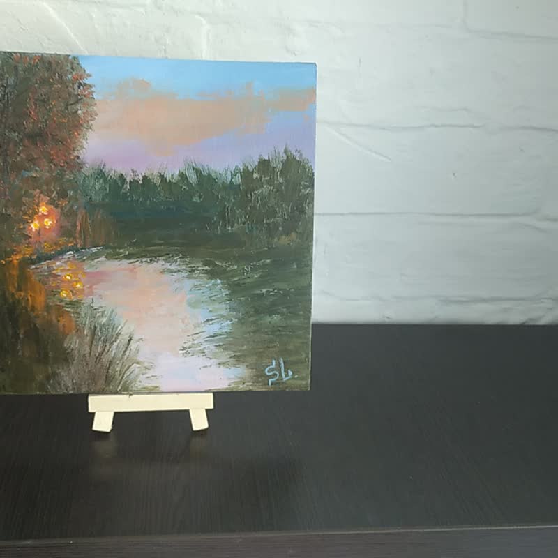 Evening Landscape Original Art Wall Art Impasto Sunset River Oil Painting Canvas - โปสเตอร์ - วัสดุอื่นๆ หลากหลายสี