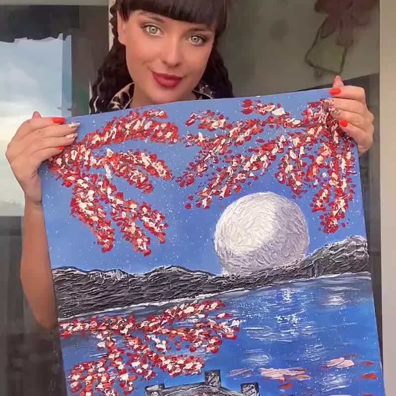 Moon Painting Starry Night Original Art Bridge Acrylic Impasto Painting 22 by 18 - โปสเตอร์ - วัสดุอื่นๆ สีน้ำเงิน