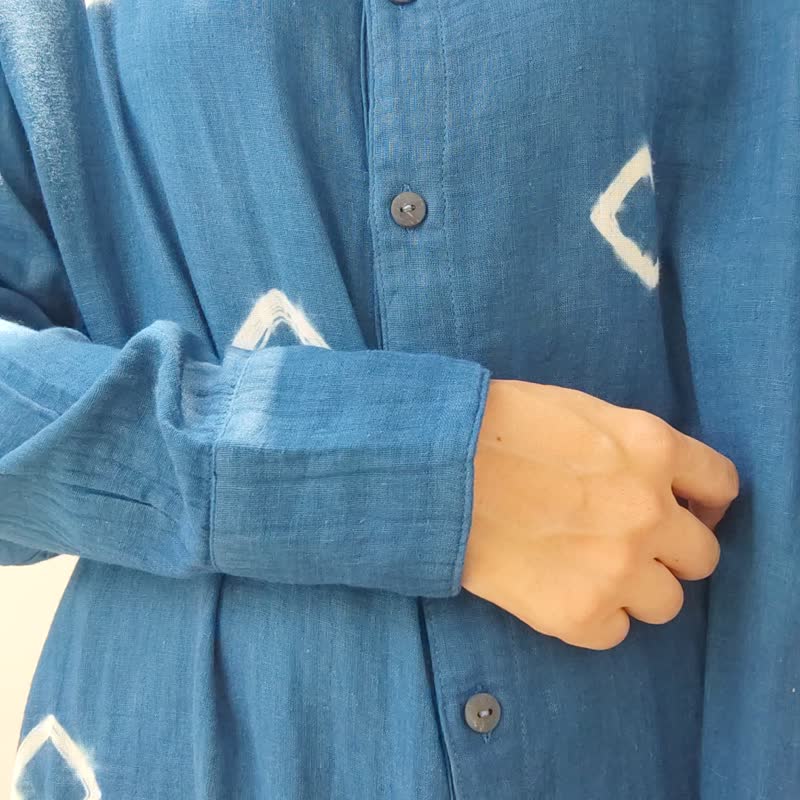 Long Shirt -  圓領長袖夏季靛藍紮染襯衫 - 女上衣/長袖上衣 - 棉．麻 藍色