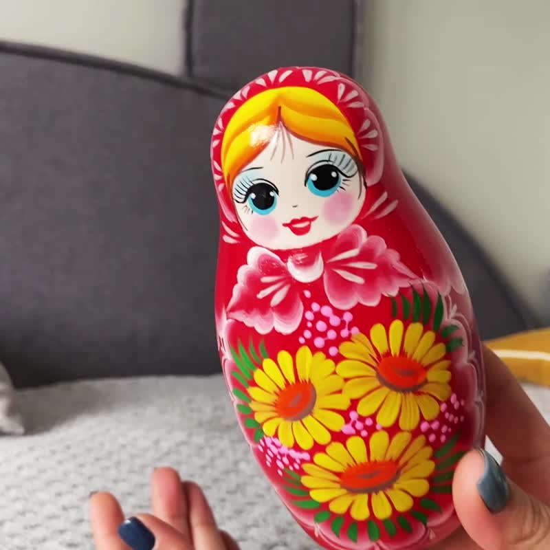 Matryoshka Nesting Dolls Set 7 pcs - Russian Doll in Sarafan with Yellow Flowers - Kids' Toys - Wood Multicolor