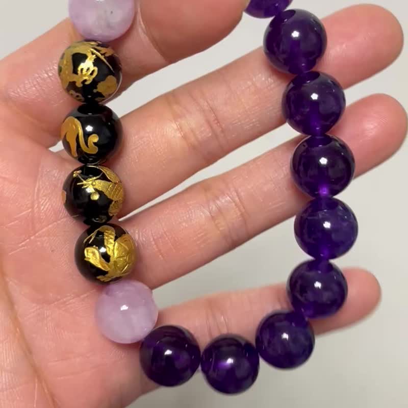 日本人氣 金雕四神獸黑瑪瑙 x 紫水晶 紫鋰輝 五行手串 火屬性12m - 手鍊/手環 - 半寶石 紫色