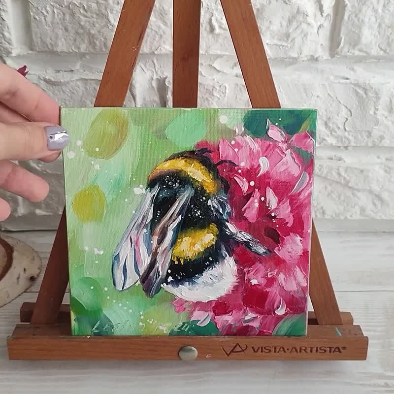 Bumblebee Oil Painting Bee Small Art  Bee Artwork Flower Painting Bee Oil Art - 壁貼/牆壁裝飾 - 其他材質 紅色